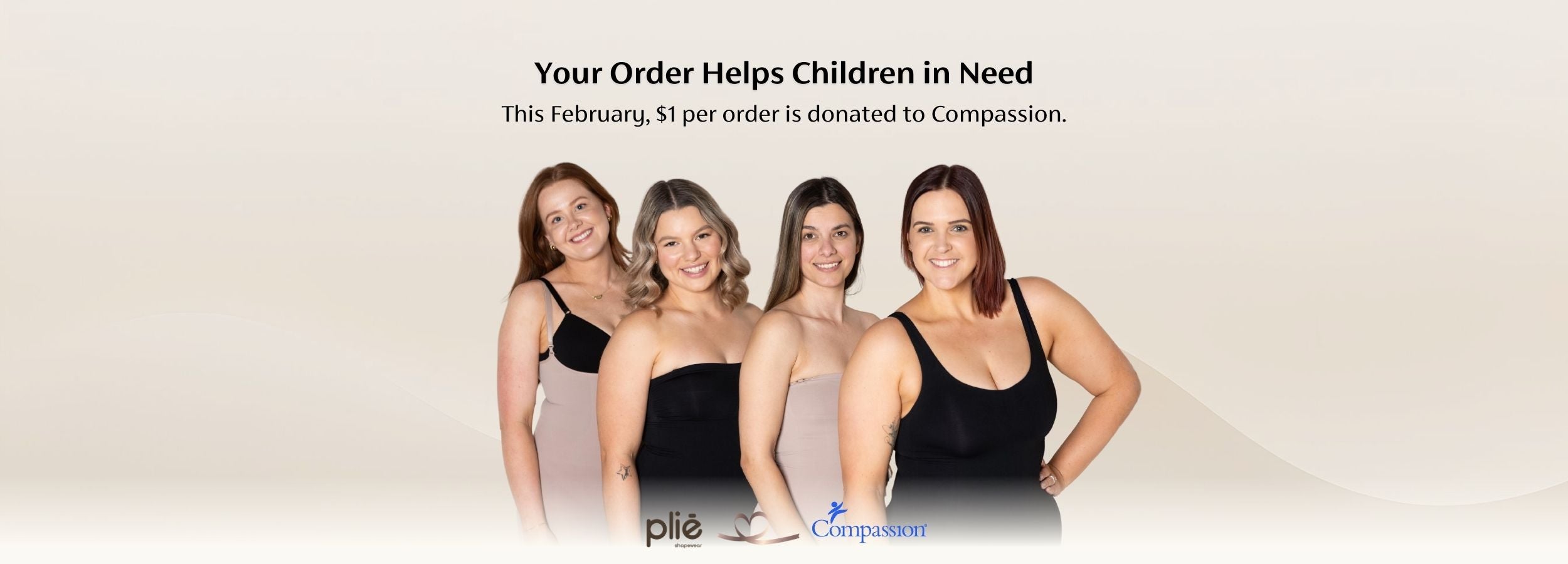 Four women wearing various shapewears with a promotional message about donating to children in need.